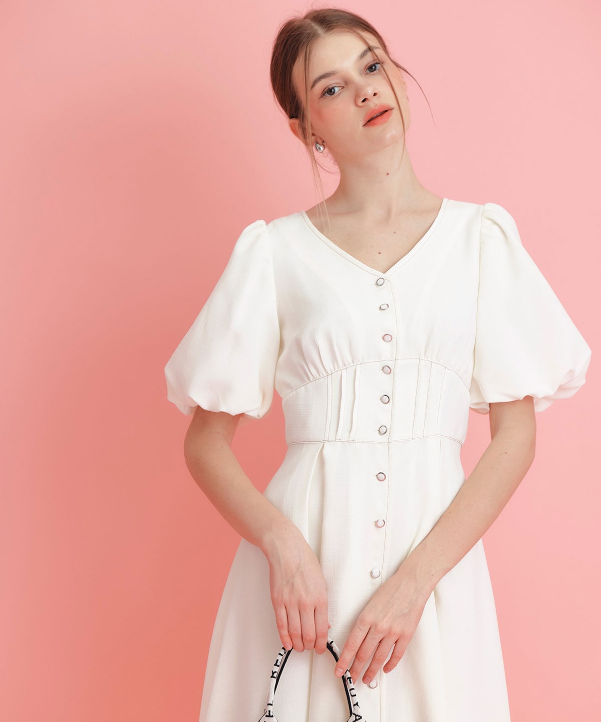 コルセットバルーンスリーブフレアロングワンピース