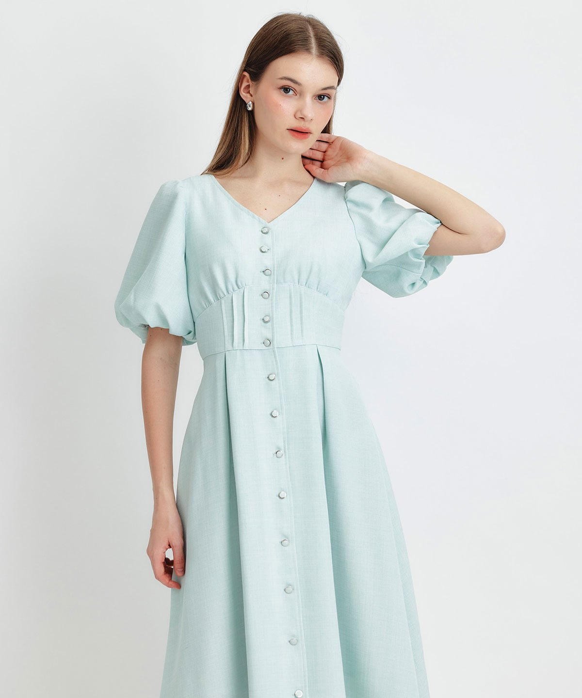 コルセットバルーンスリーブフレアロングワンピース