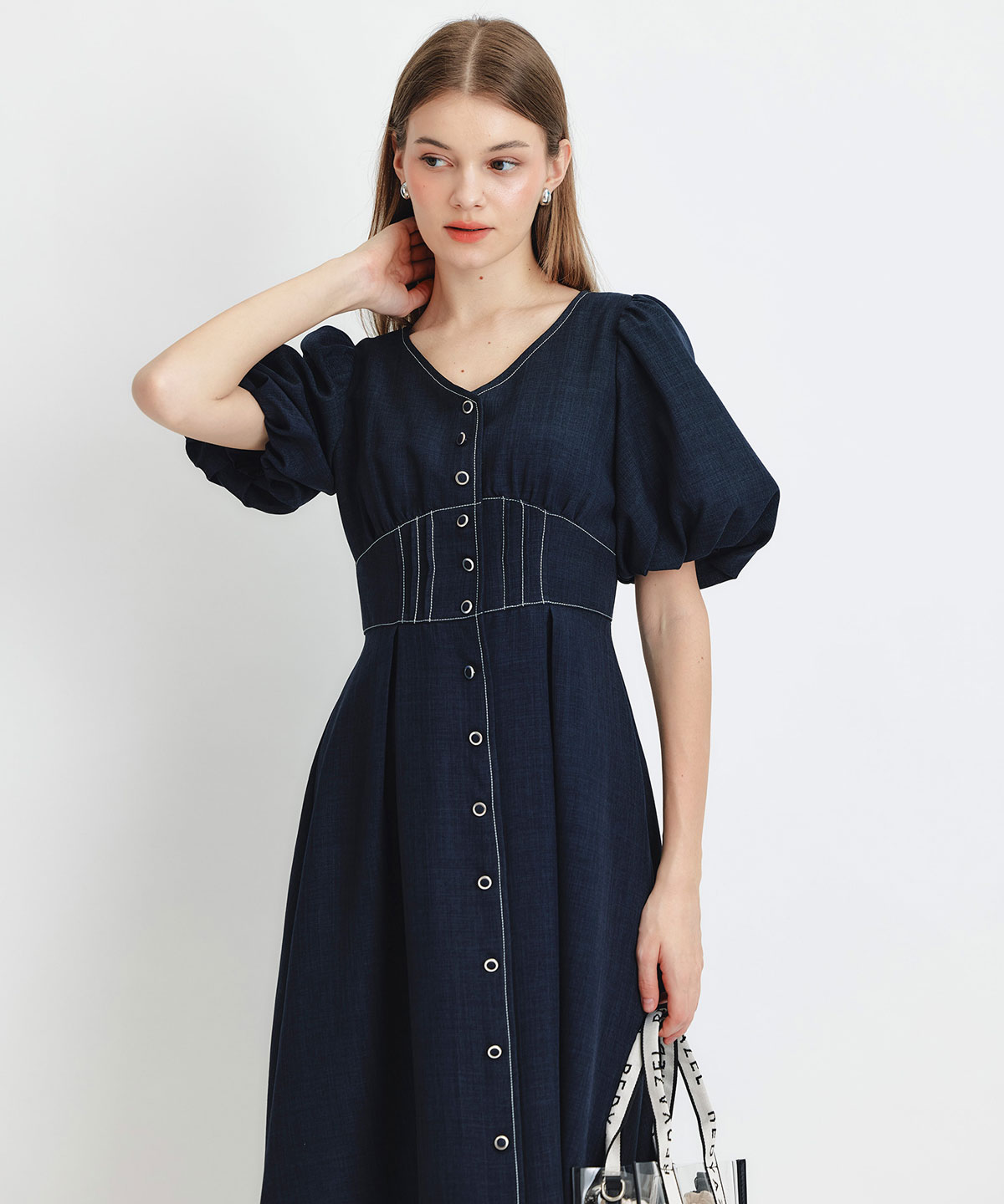 コルセットバルーンスリーブフレアロングワンピース