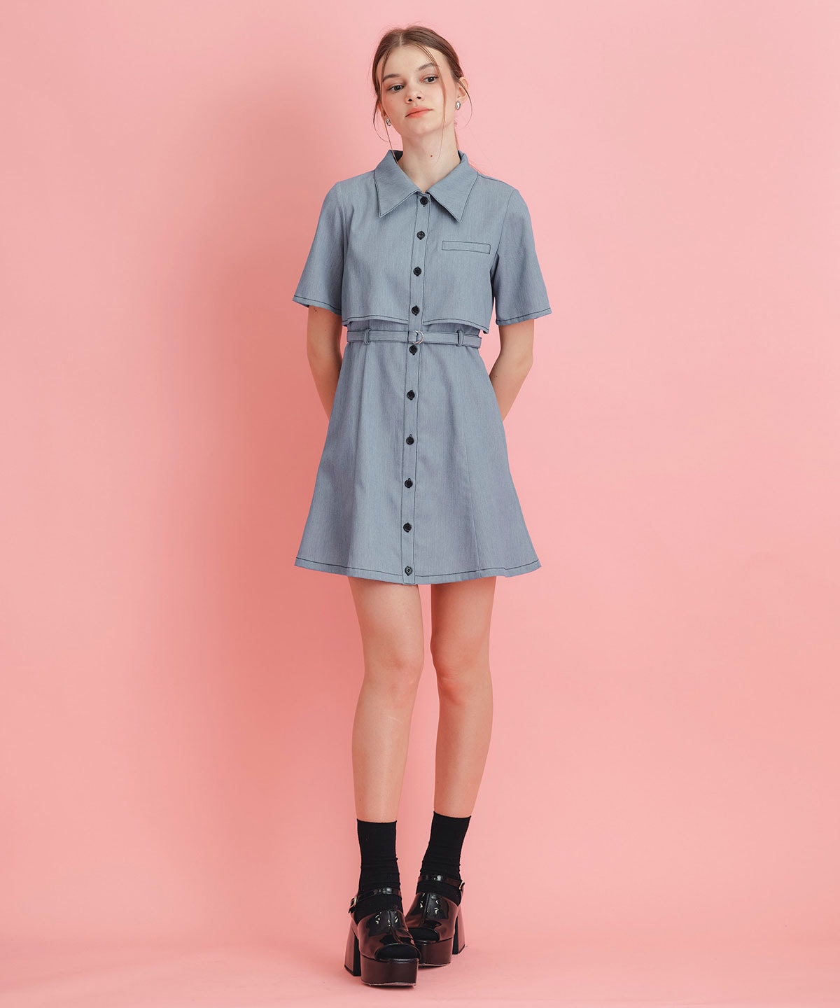 レイヤードライクコントラストフレアミニワンピース