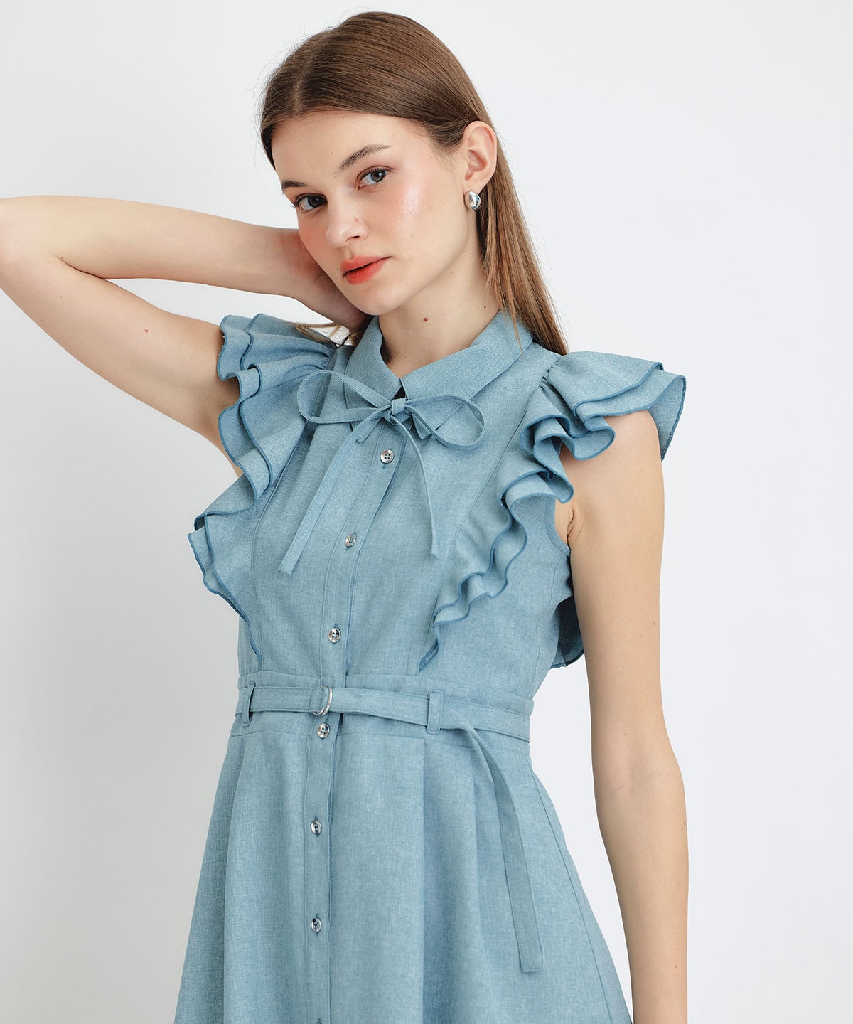 フリルシャツフレアロングワンピース