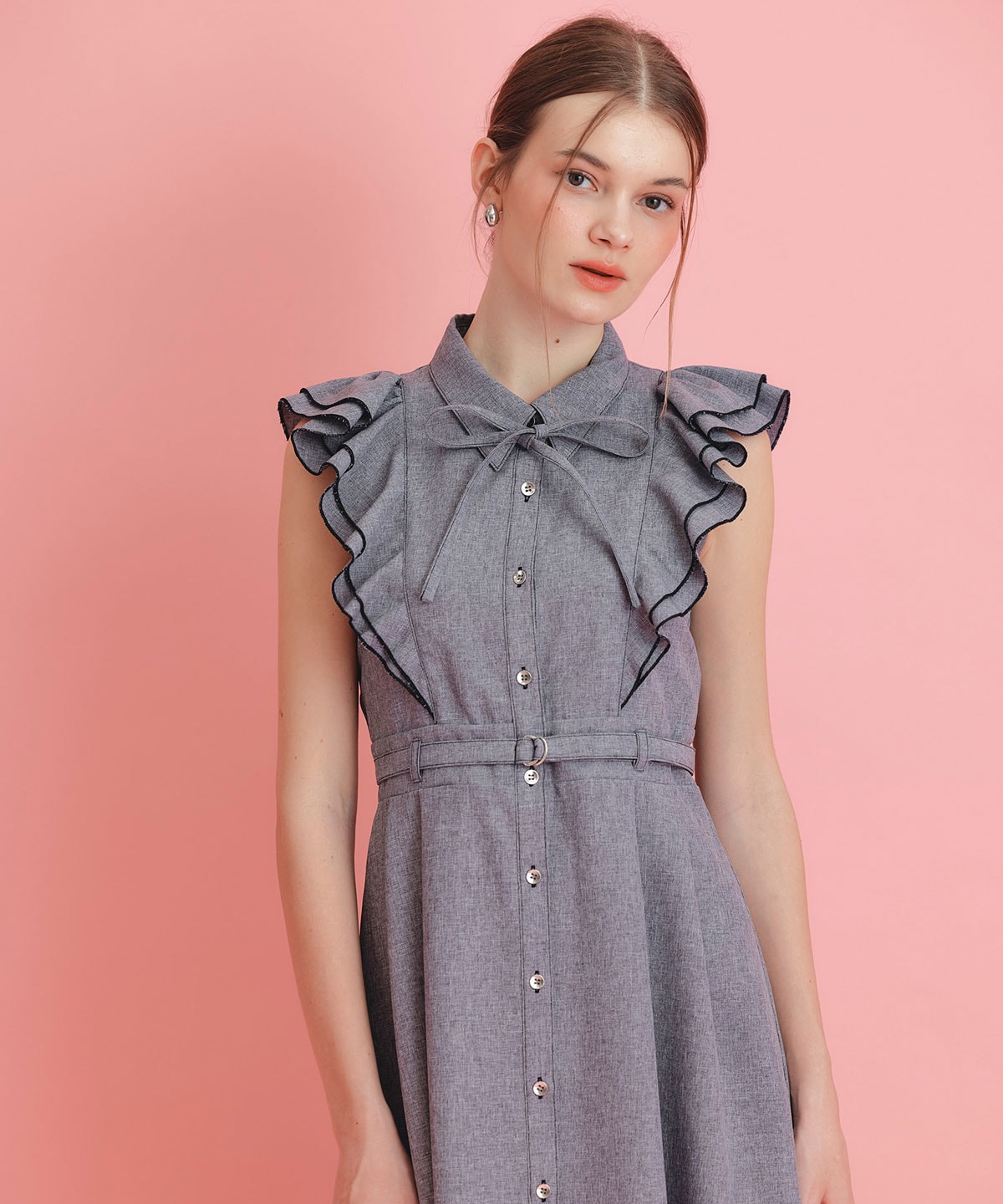 フリルシャツフレアロングワンピース