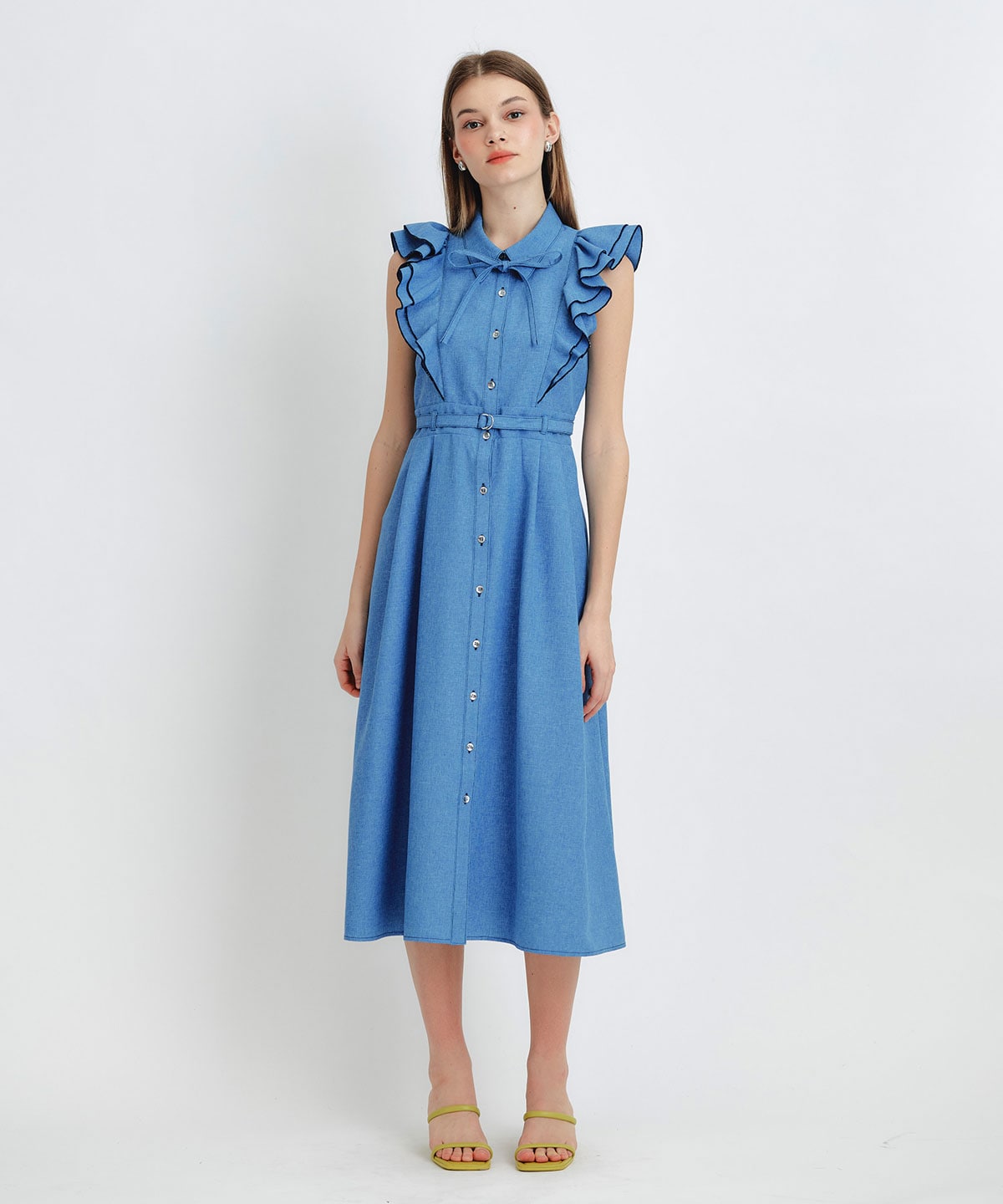 フリルシャツフレアロングワンピース