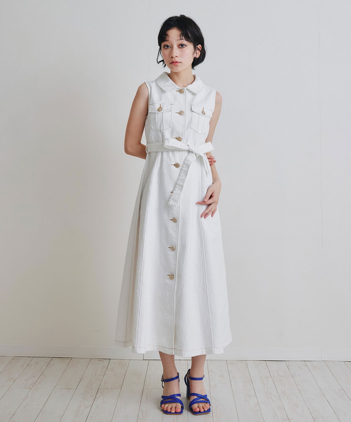 レーザーカットデニムロングシャツワンピース