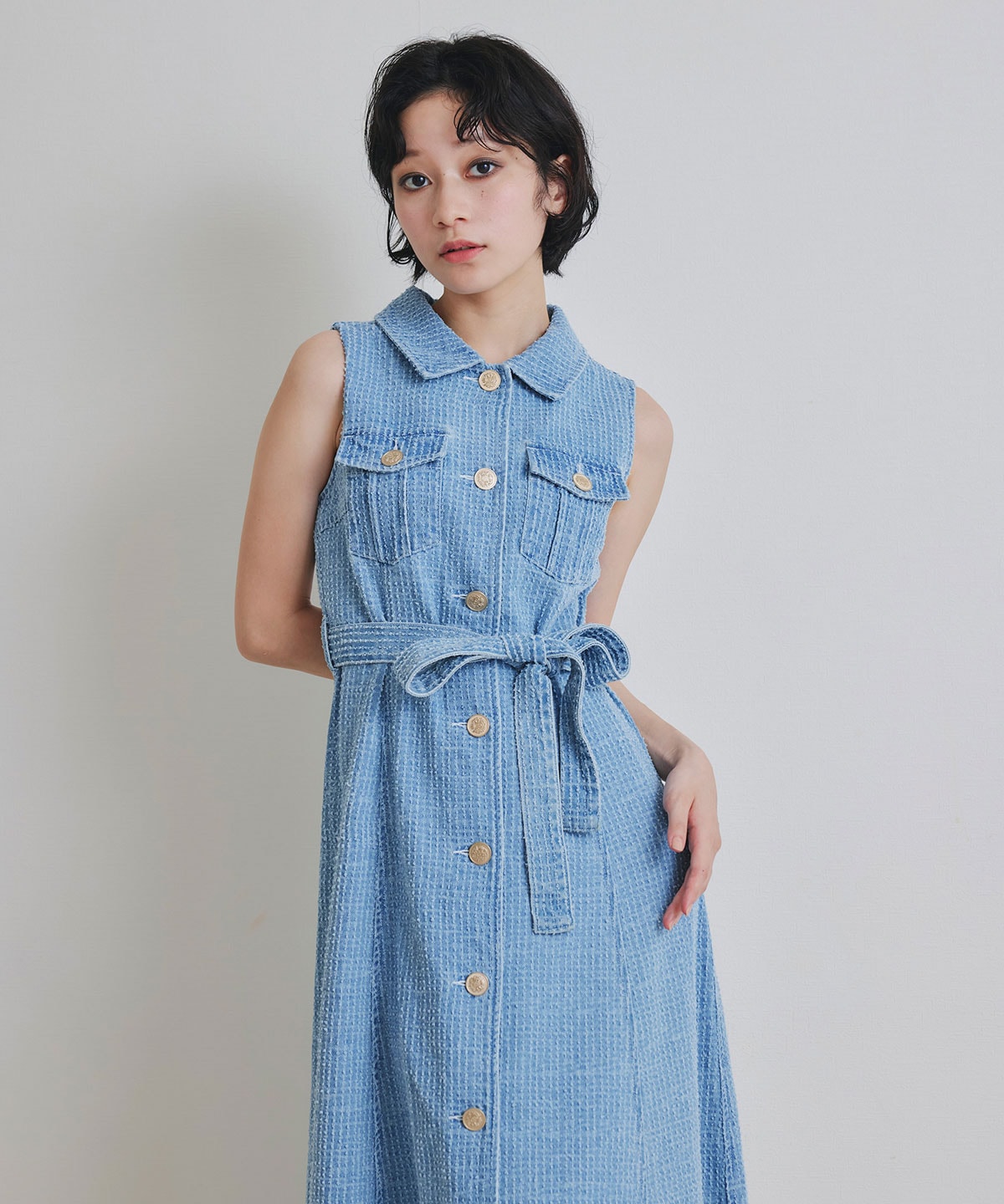 レーザーカットデニムロングシャツワンピース