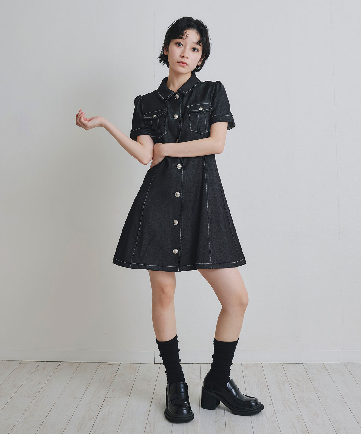 ハーフスリーブデニムフレアシャツミニワンピース