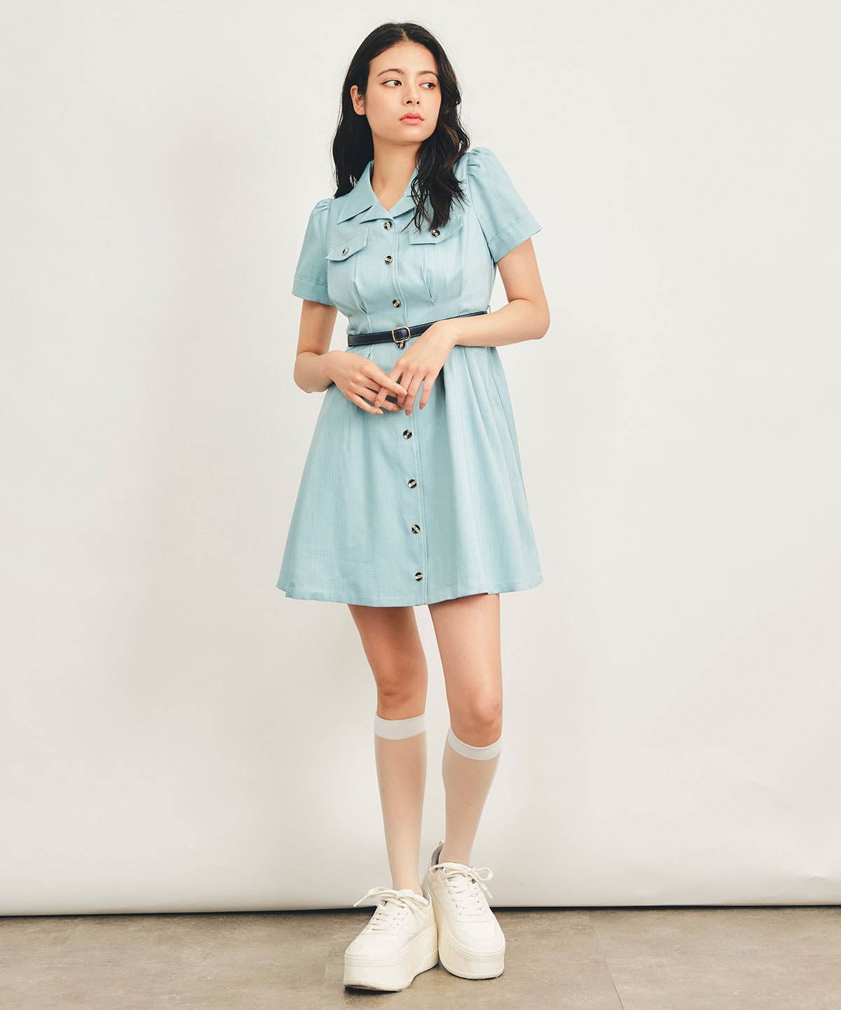 ベルトミニシャツフレアワンピース