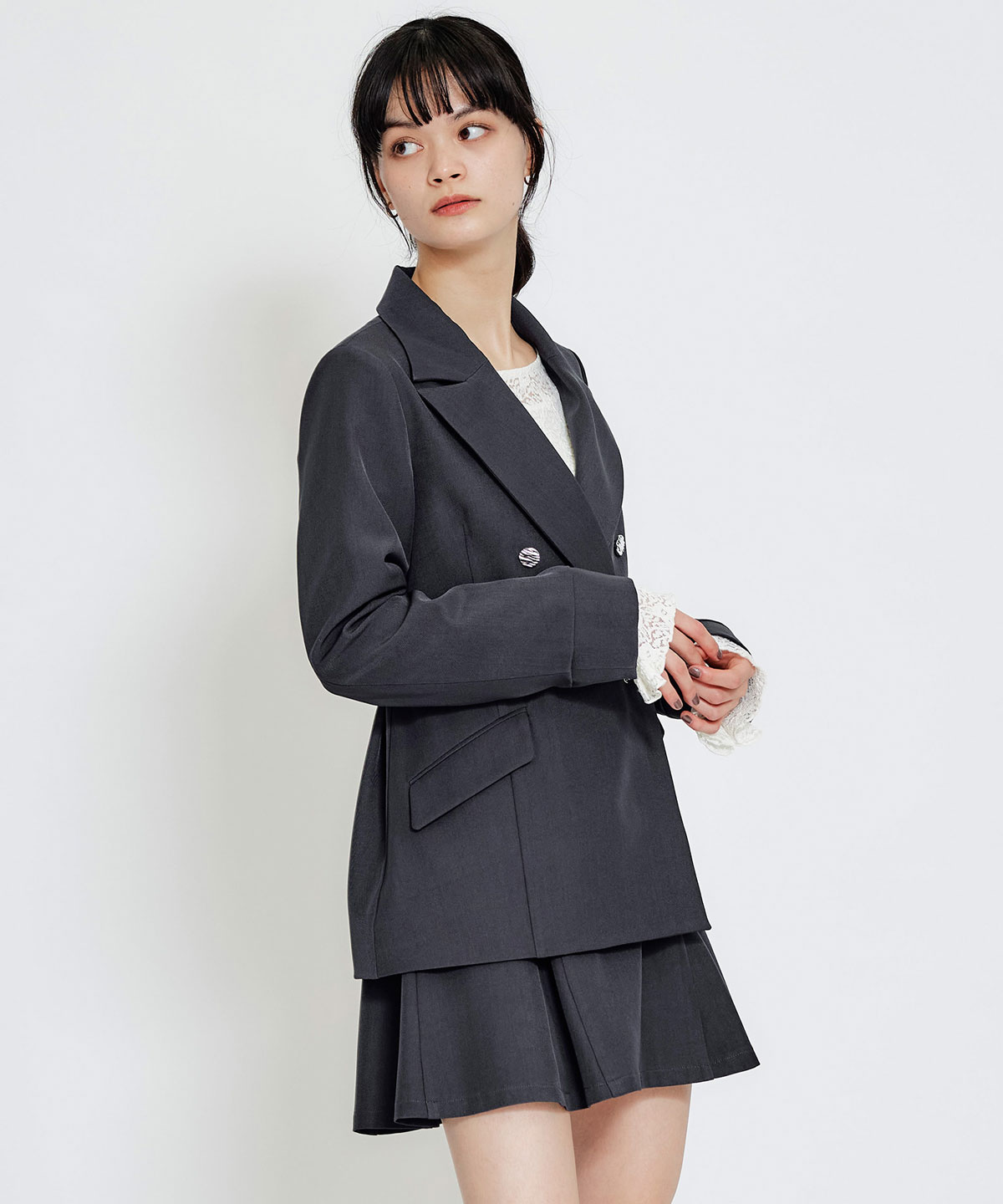 【セットアップ可能】ワイドカラーミドルダブルジャケット