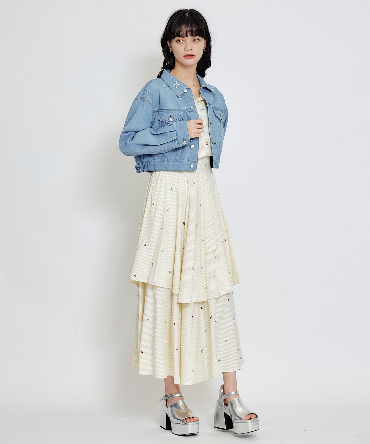 フラワービジューパールデニムジャケット