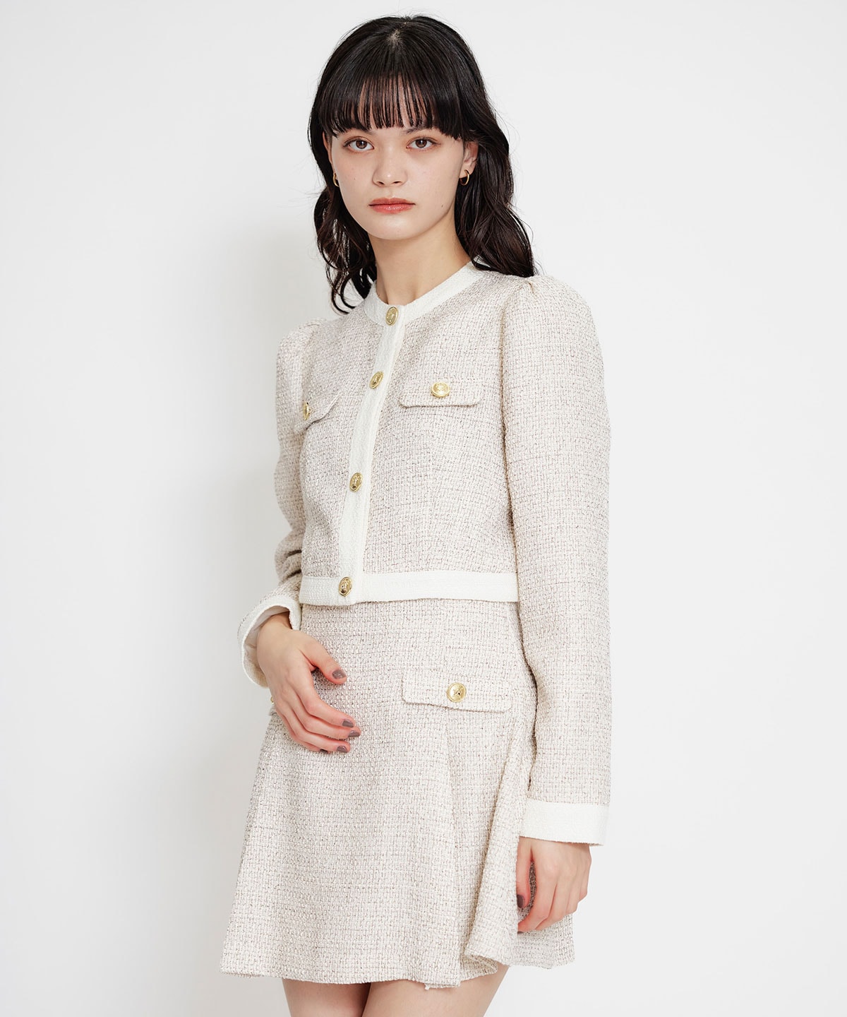 【セットアップ可能】スプリングツイードノーカラージャケット