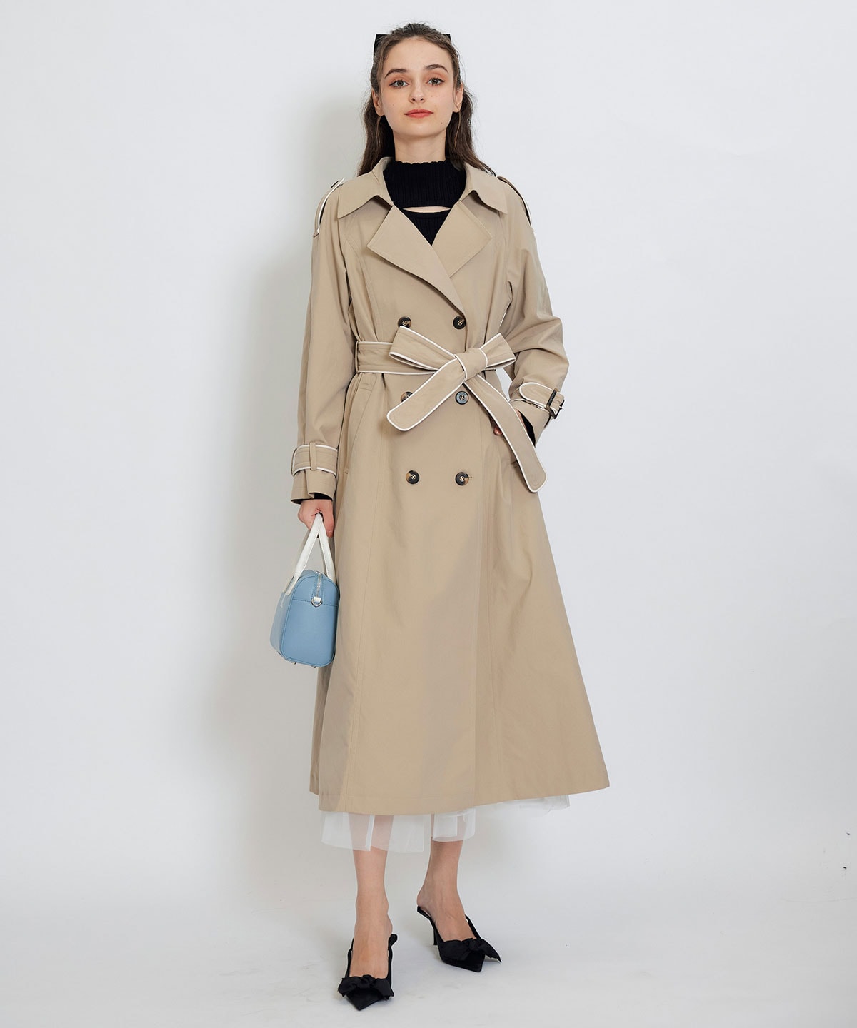 バックベルトデザインパイピングロングトレンチコート