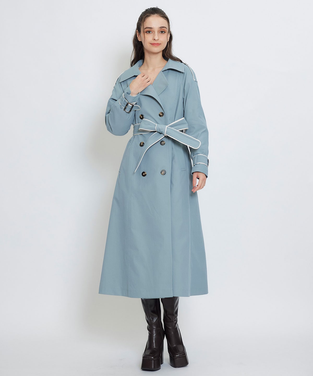 バックバイカラーパイピングベルトデザインロングトレンチコート