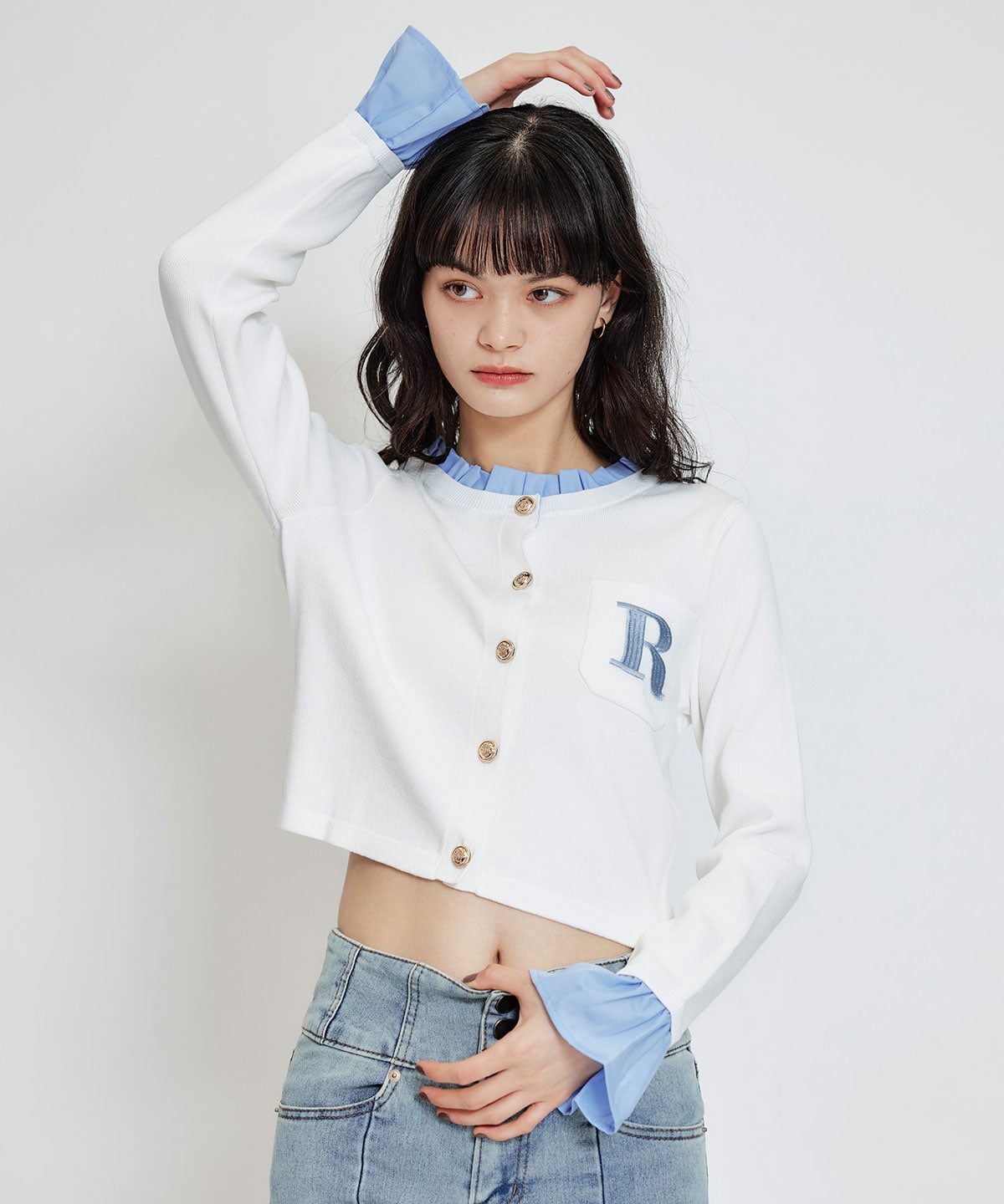 Rフリルレイヤードニットカーディガン