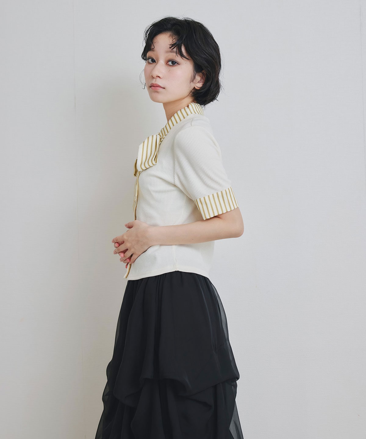 ストライプリボンタイレイヤードニットトップス