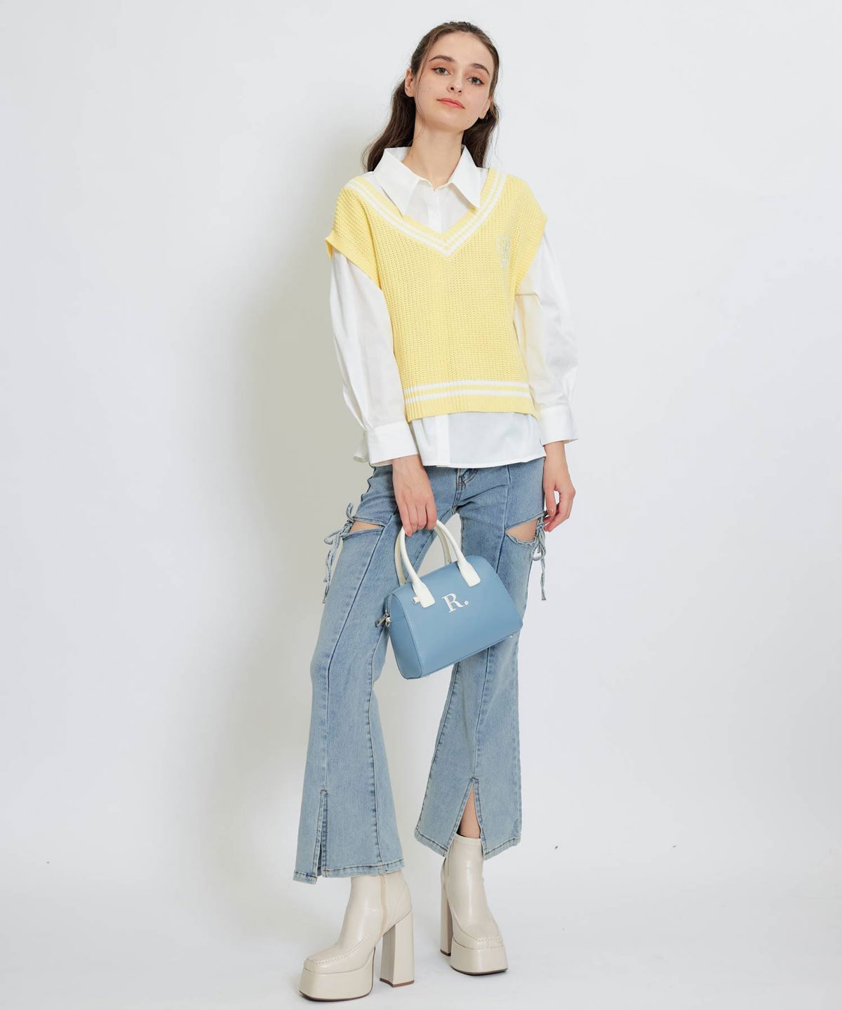 カレッジライクラインベスト×シャツブラウス