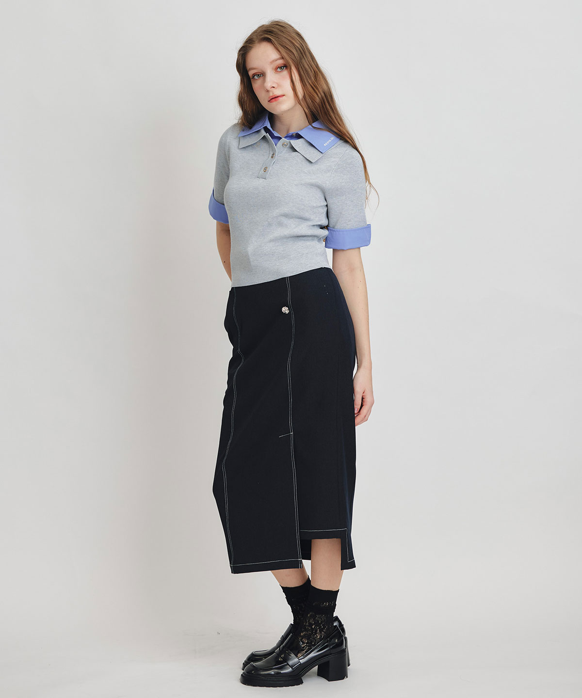 ダブルカラーハーフスリーブニットプルオーバー