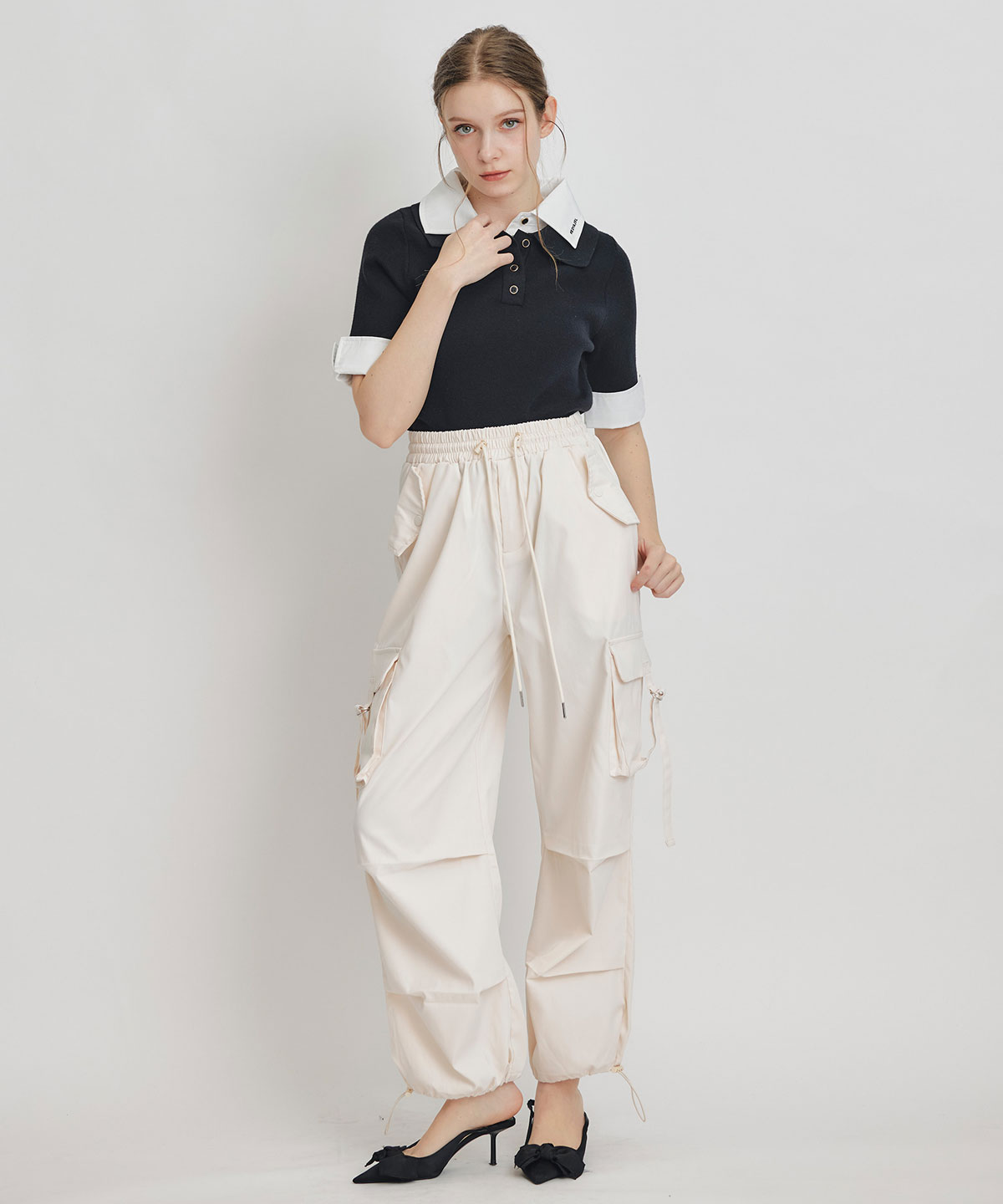 ダブルカラーハーフスリーブニットプルオーバー