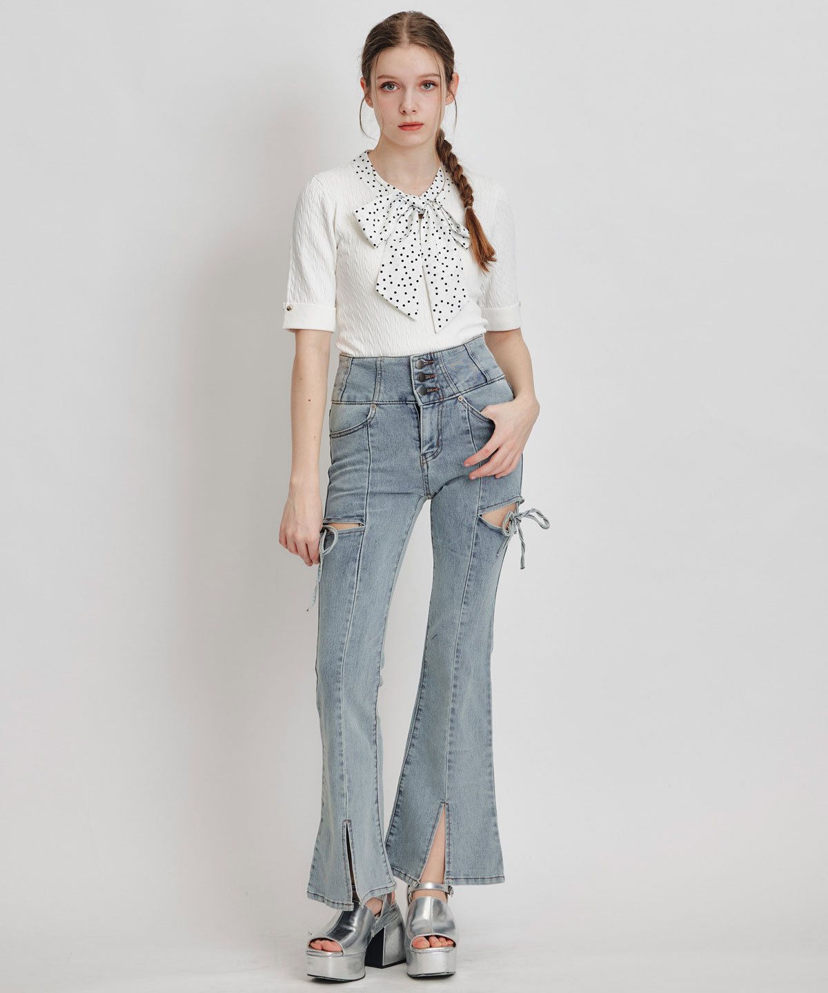 ケーブルリボンタイハーフスリーブニットプルオーバー