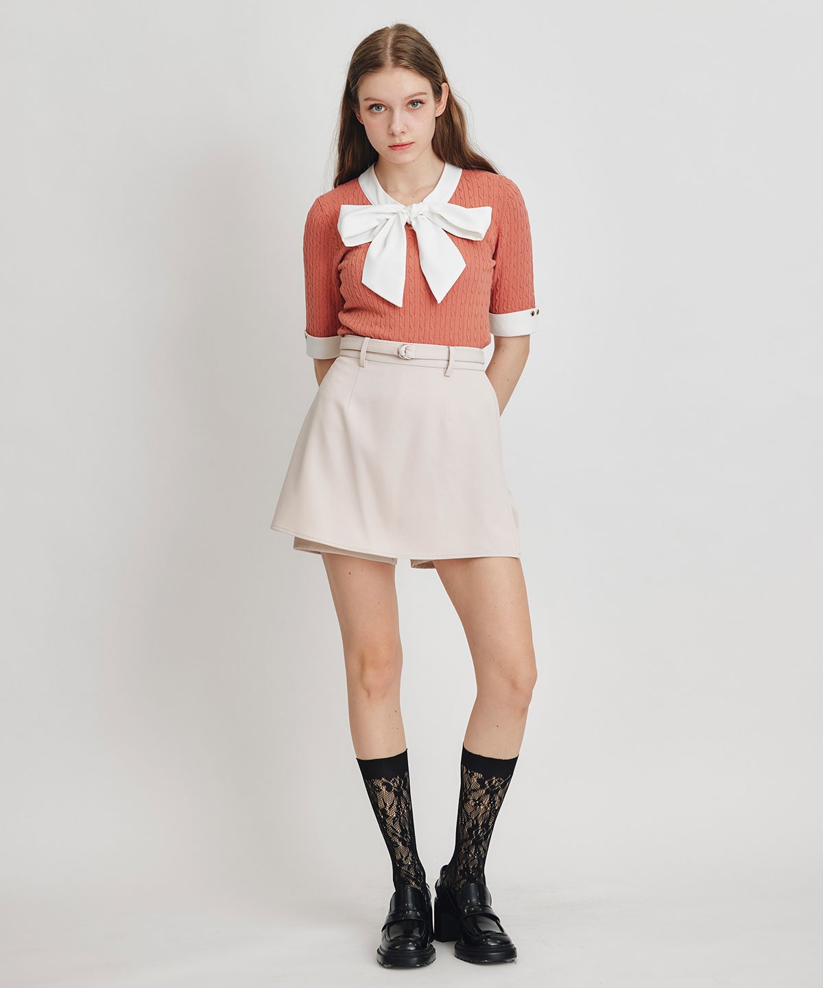 ケーブルリボンタイハーフスリーブニットプルオーバー