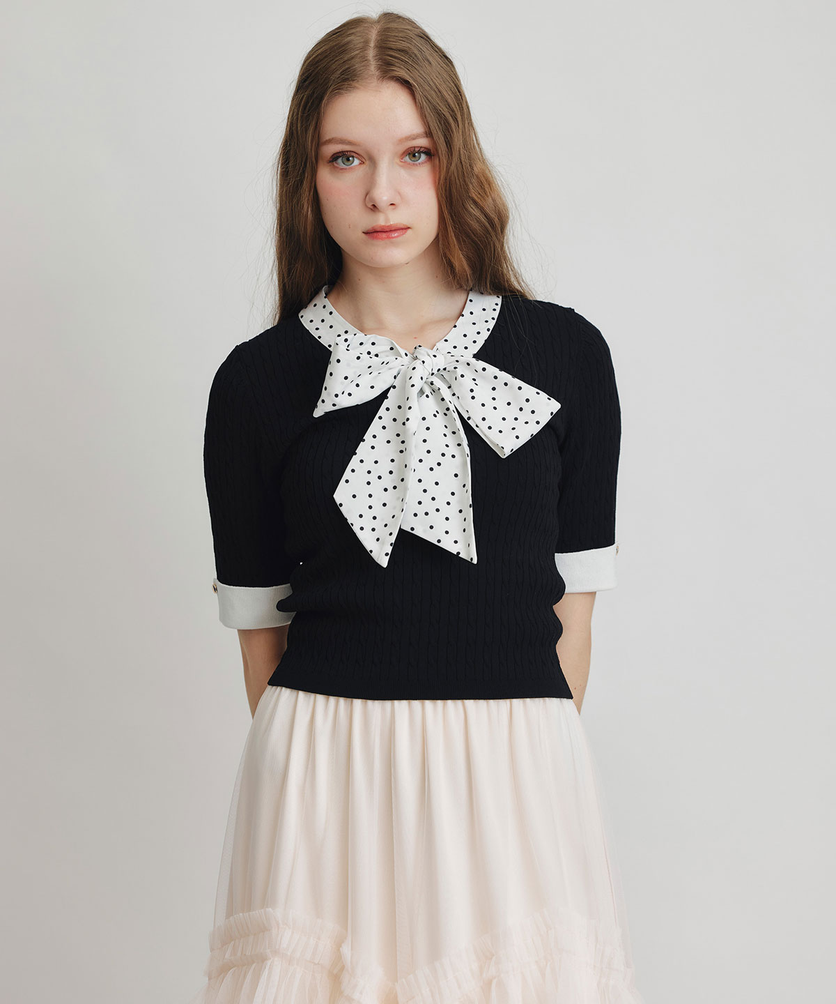 ケーブルリボンタイハーフスリーブニットプルオーバー