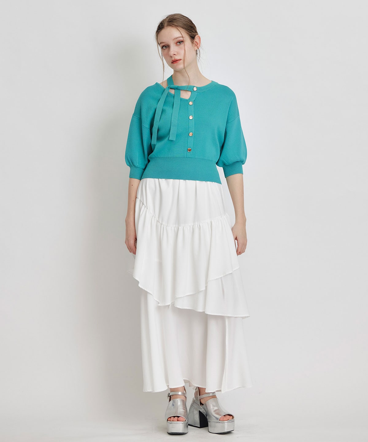 アシメカットデザインハーフスリーブニットプルオーバー