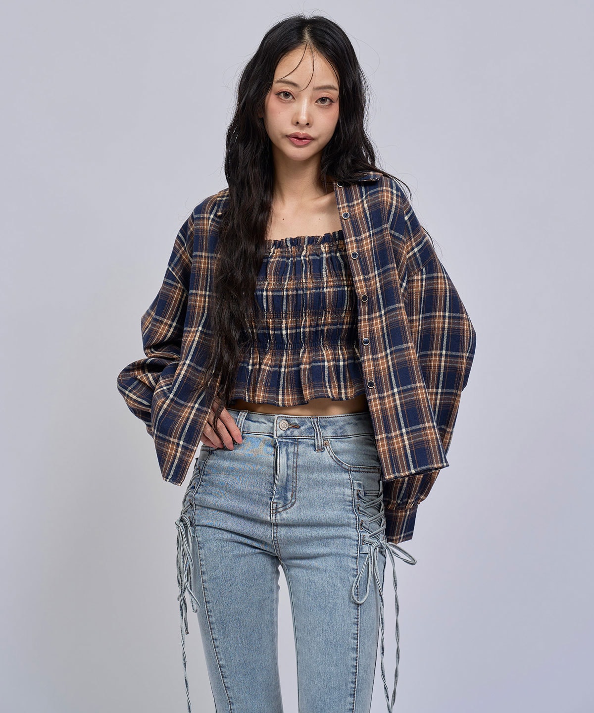 【=LOVE 大場花菜さん着用】チェックビスチェ×シャツセット