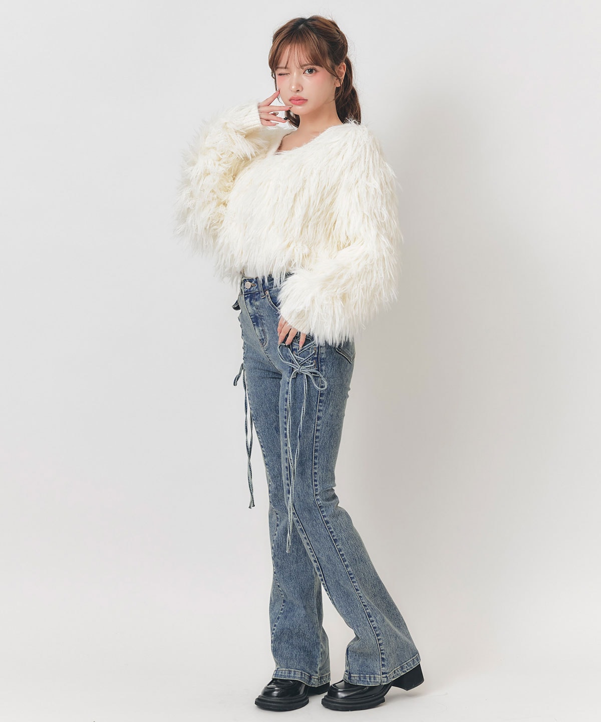 【=LOVE 大場花菜さん着用】レースアップストレッチフレアデニムパンツ