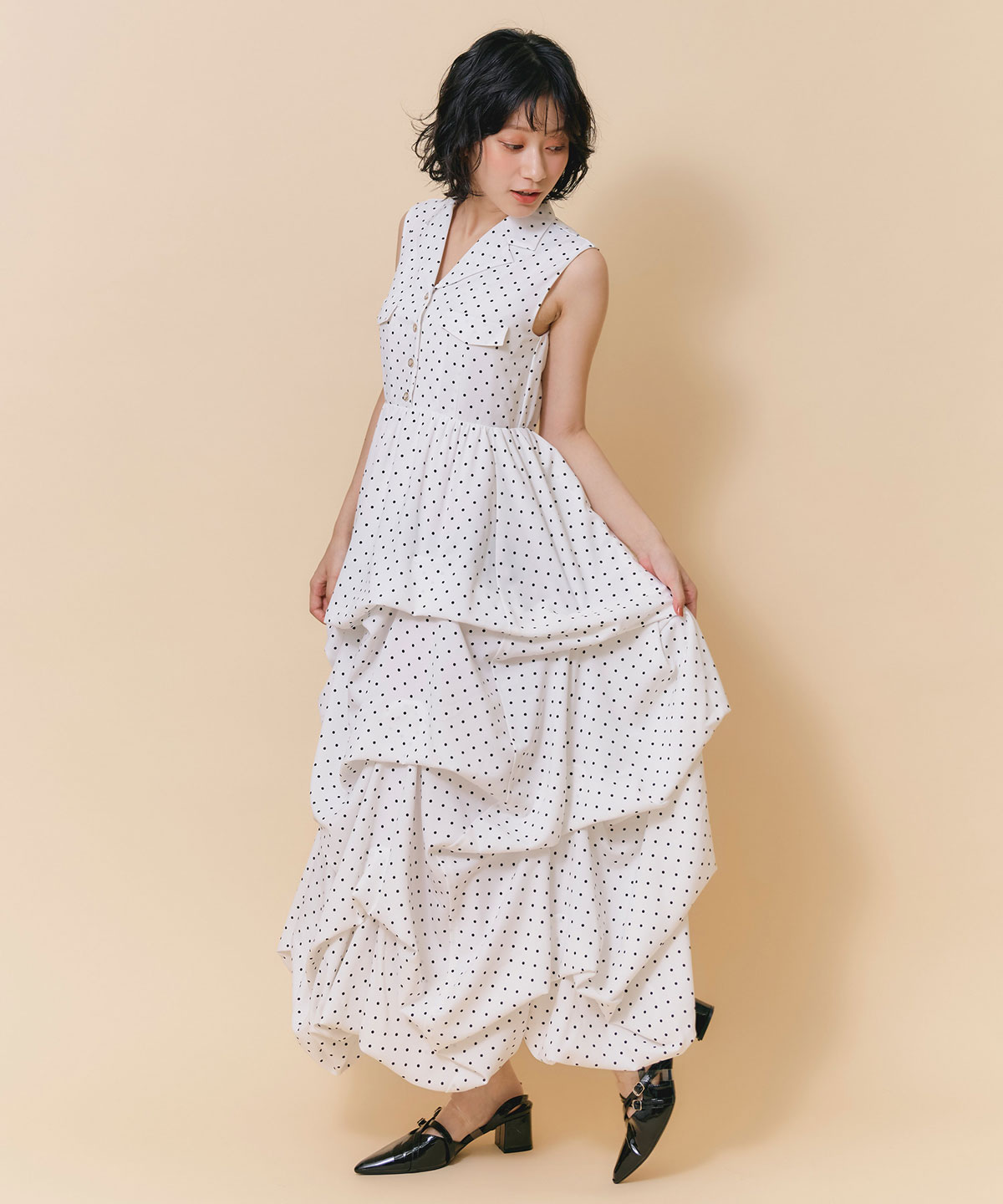 タックボリュームシャツロングワンピース