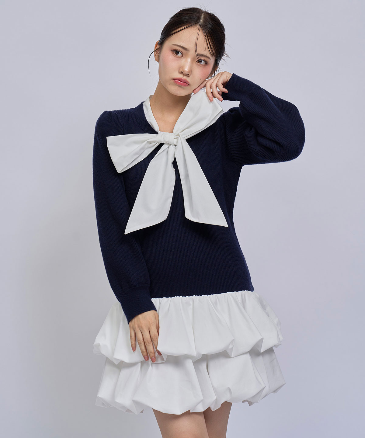 【=LOVE 大場花菜さん着用】ビッグリボンティアードニットシャツミニワンピース