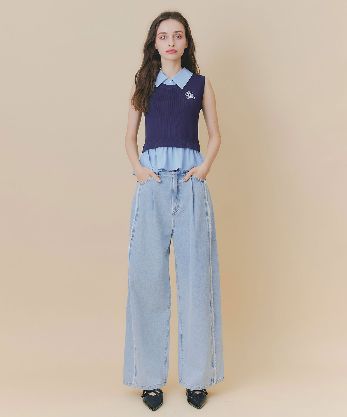 バイカラーシャツレイヤードノースリーブニット