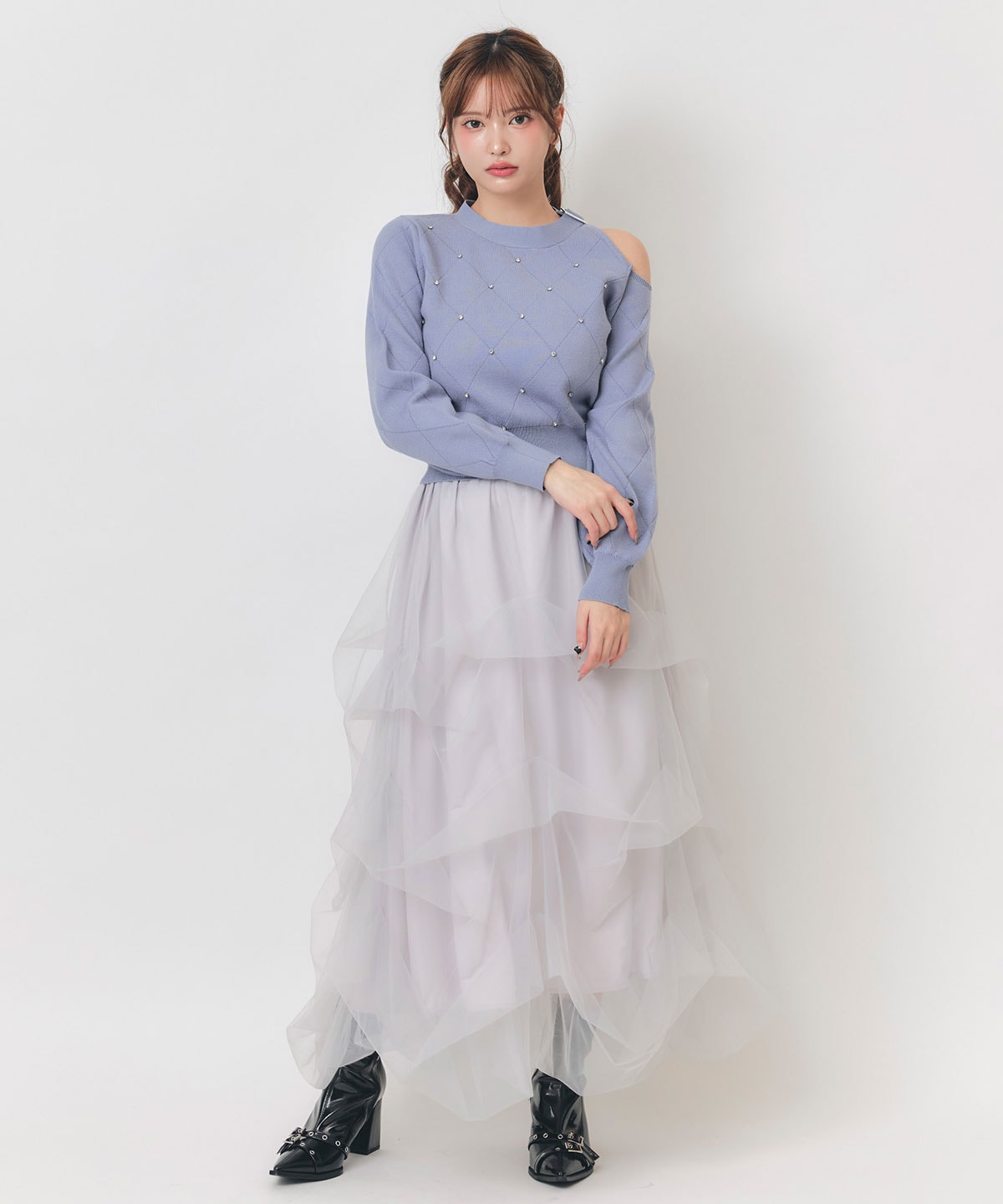 サイドカットオフパールビジューニットトップス