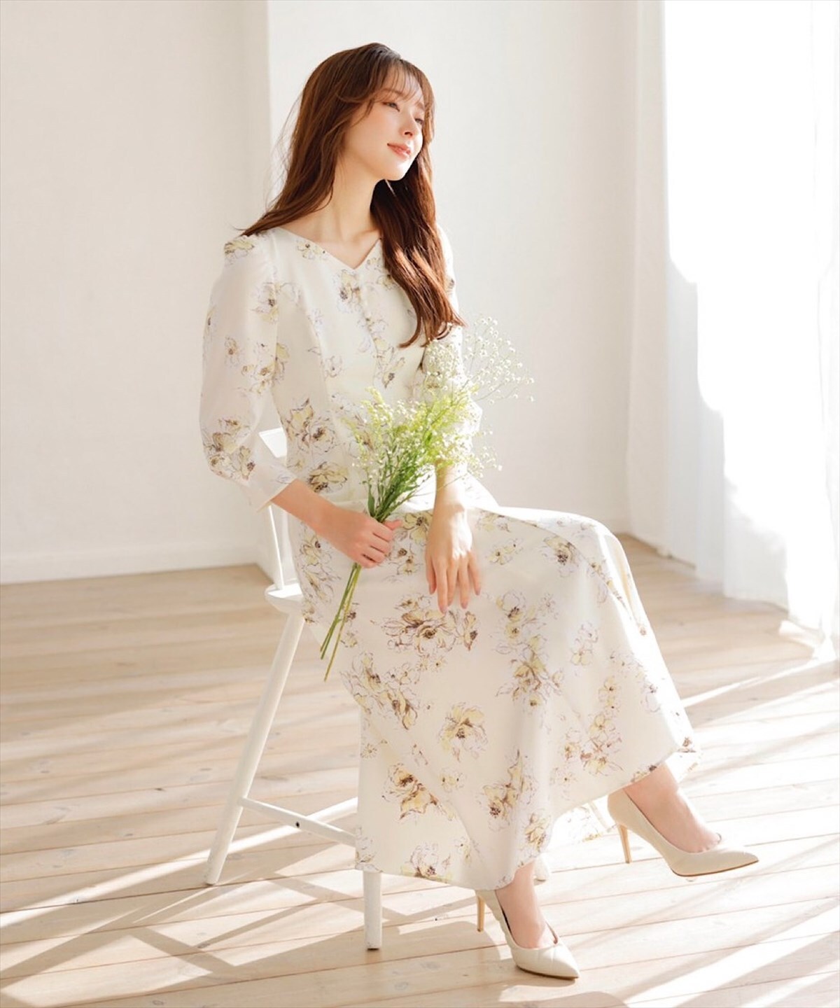 オリジナル水彩フラワープリンセスラインワンピース M イエロー系花柄 Swingle 公式オンラインショップ バーンデストローズ