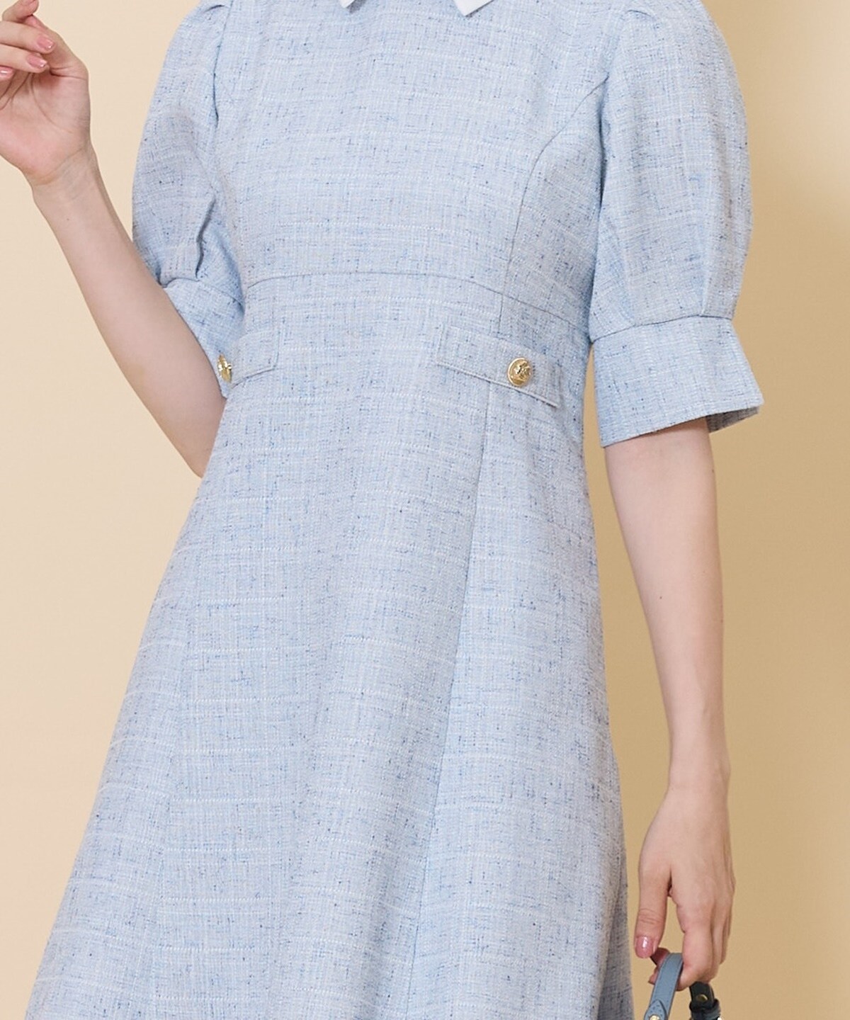 2WAYバイカラー衿エレガンスツイードミニワンピース(F サックス  