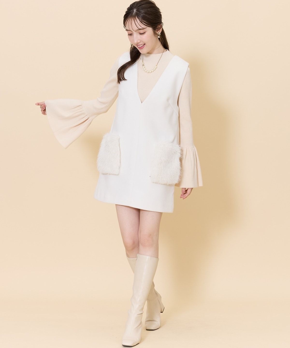 フレアスリーブボトルネックニットプルオーバー