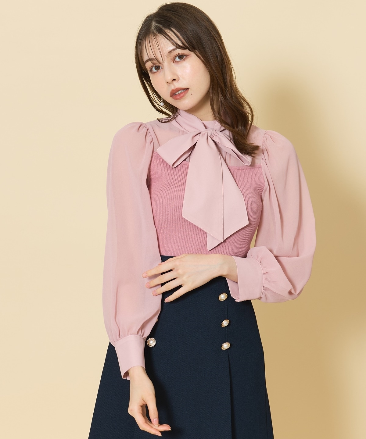 異素材ドッキングボウタイリブニットプルオーバー