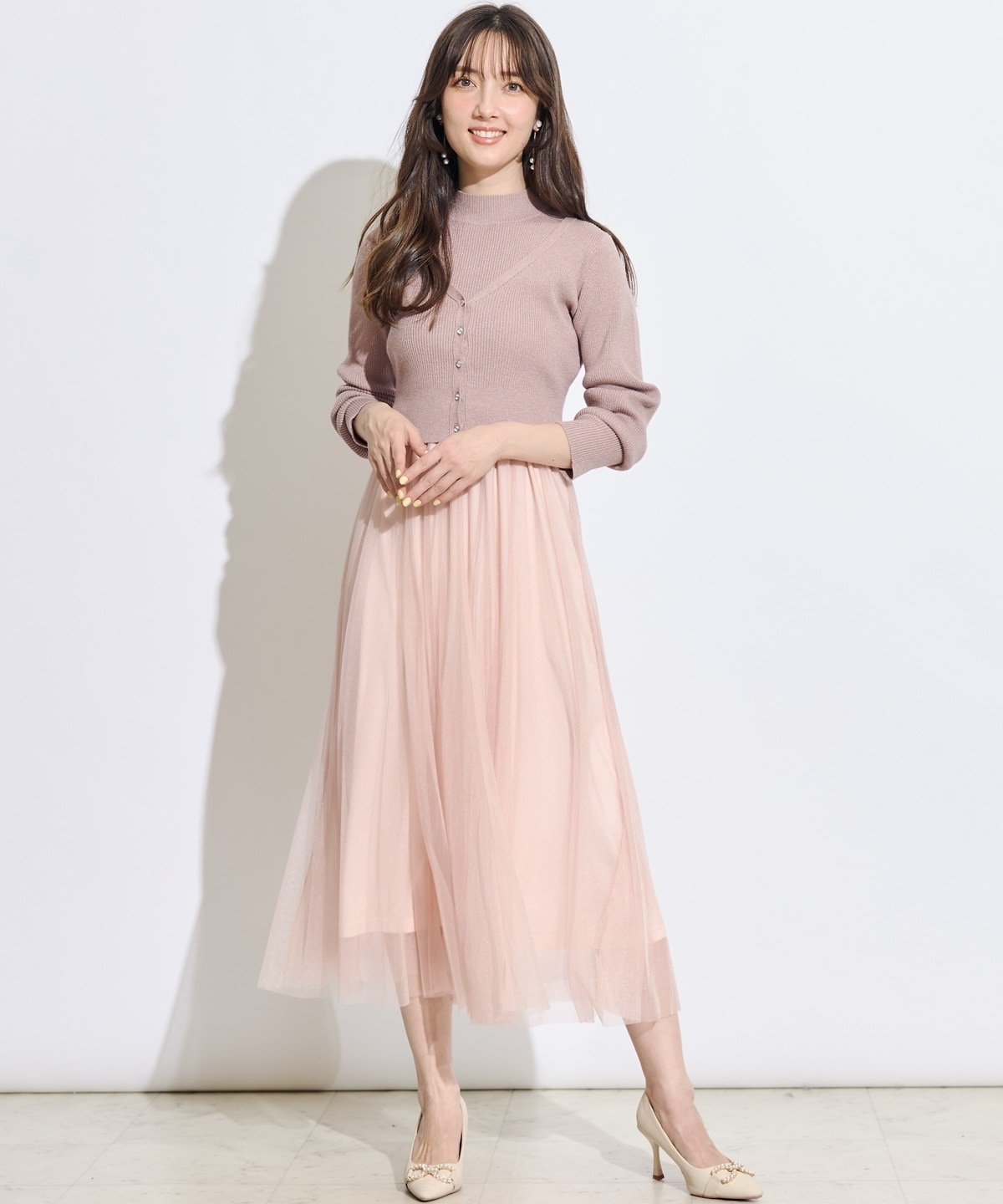 【展示会３位】カーディガンアンサンブルラメニットドッキングワンピース