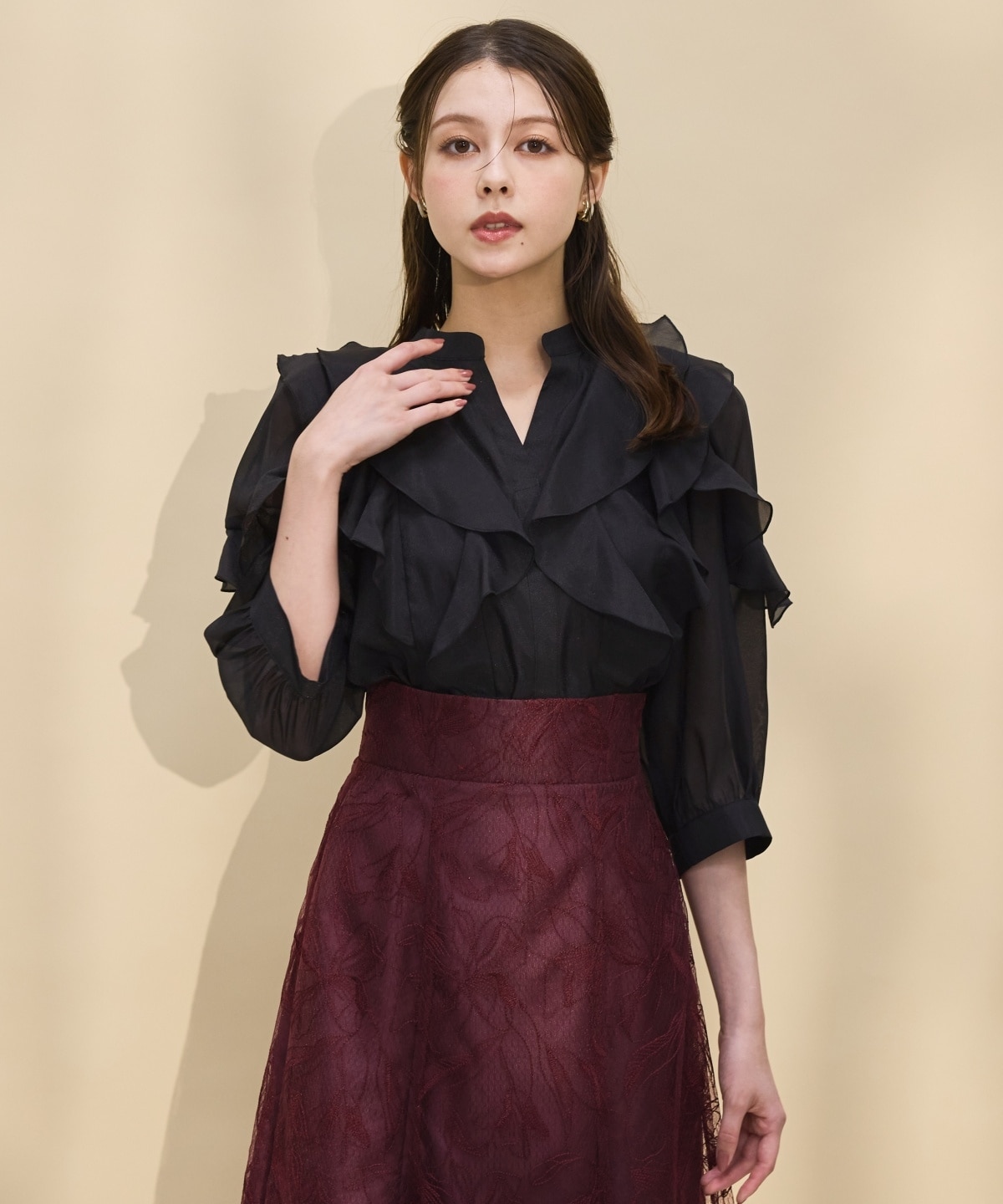 シアービッグリボンフリルブラウス