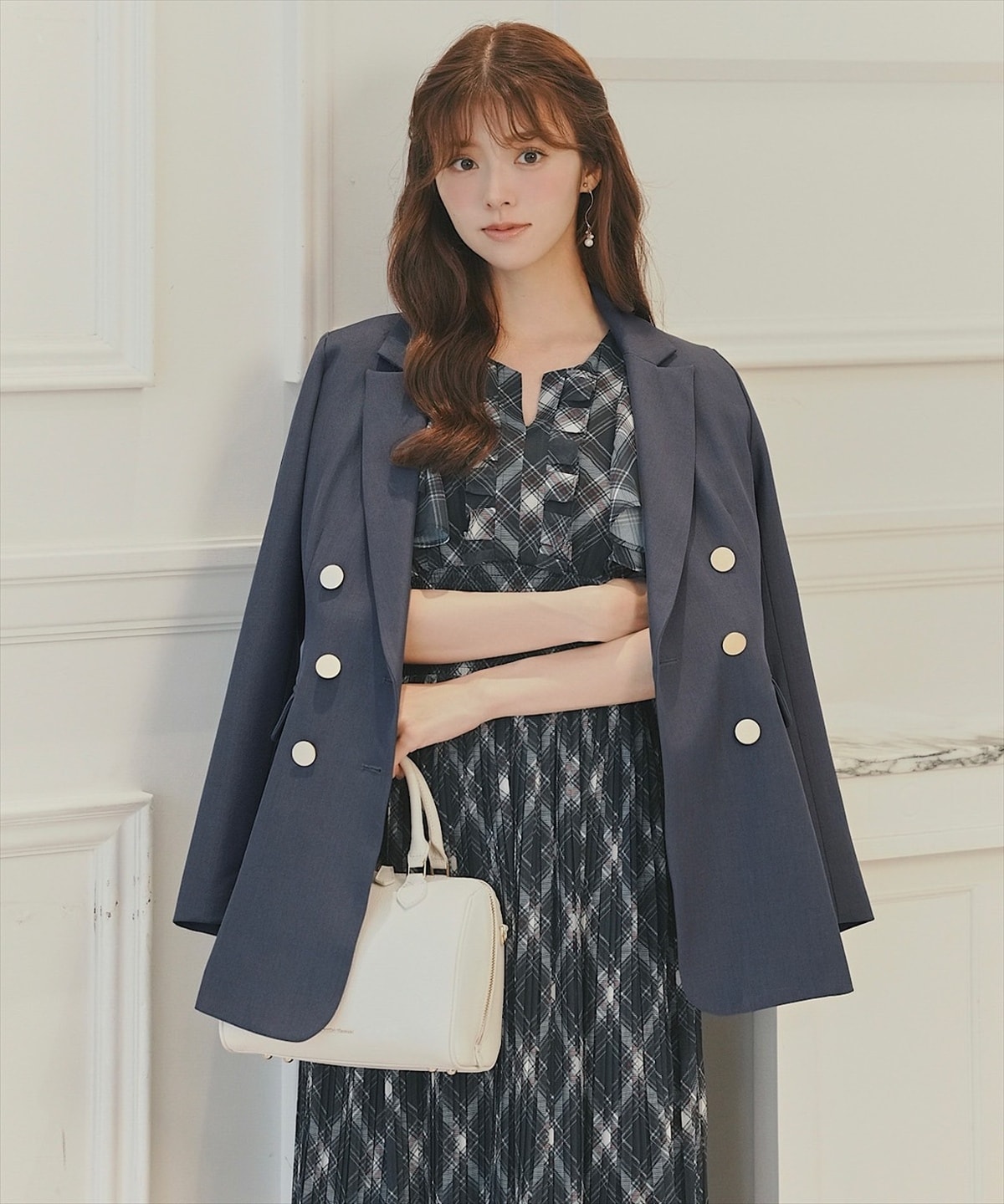 チェックプリーツシフォンワンピース