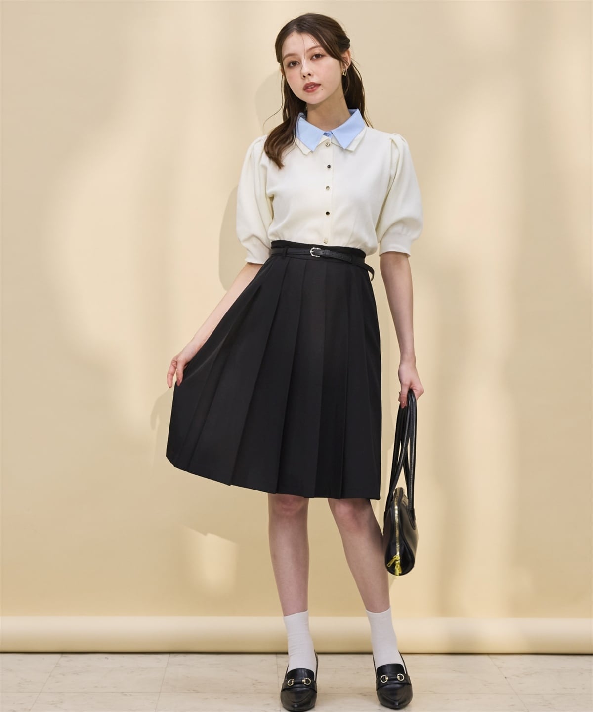 金ボタンシャツレイヤードニットプルオーバー