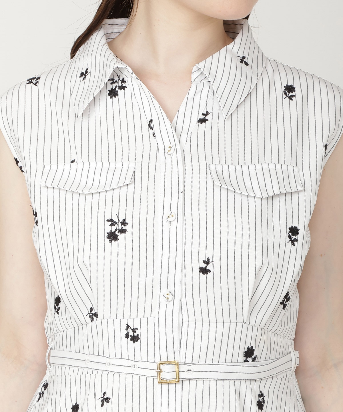 【7/3発売】ストライプ×フラワー刺繍シャツワンピース