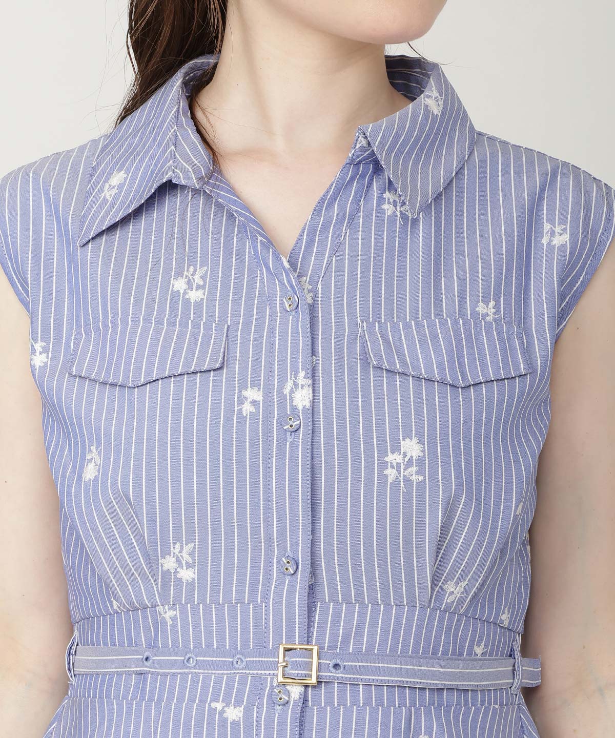 【7/3発売】ストライプ×フラワー刺繍シャツワンピース