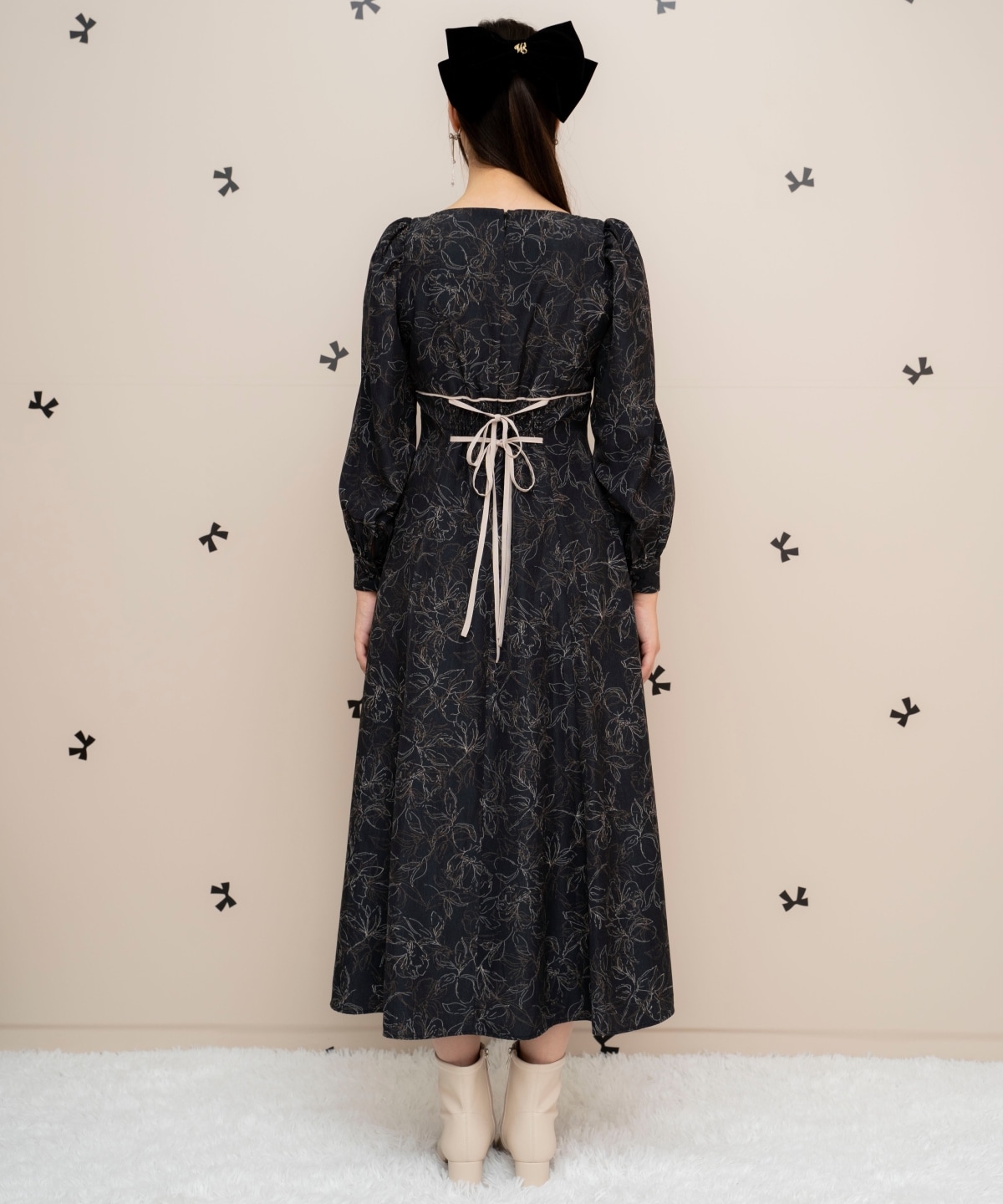 フラワープリントギャザーフレアワンピース