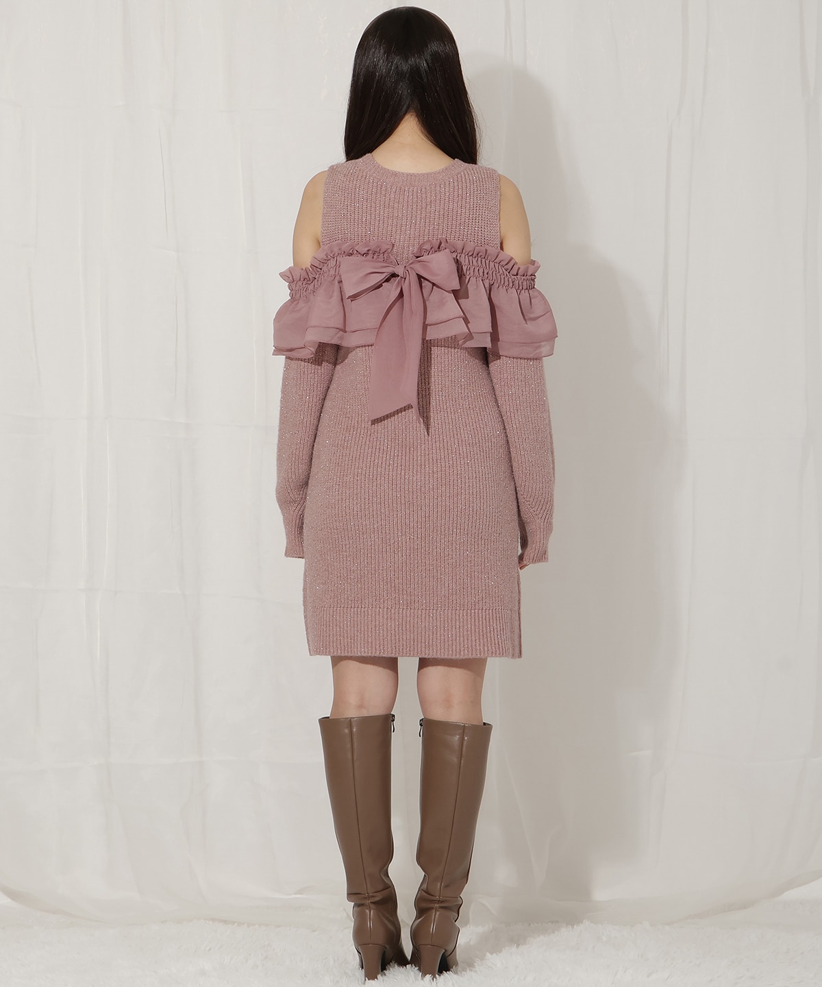 バックリボンオフショルニットワンピース