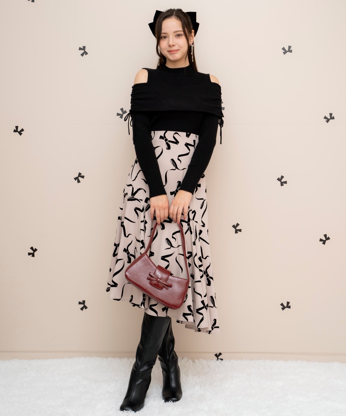 ギャザーリボンオフショルニット