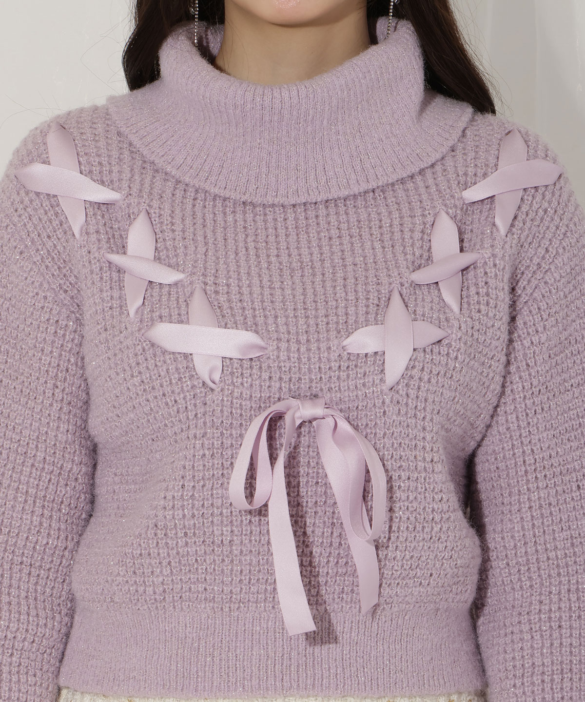 レースアップタートルニット