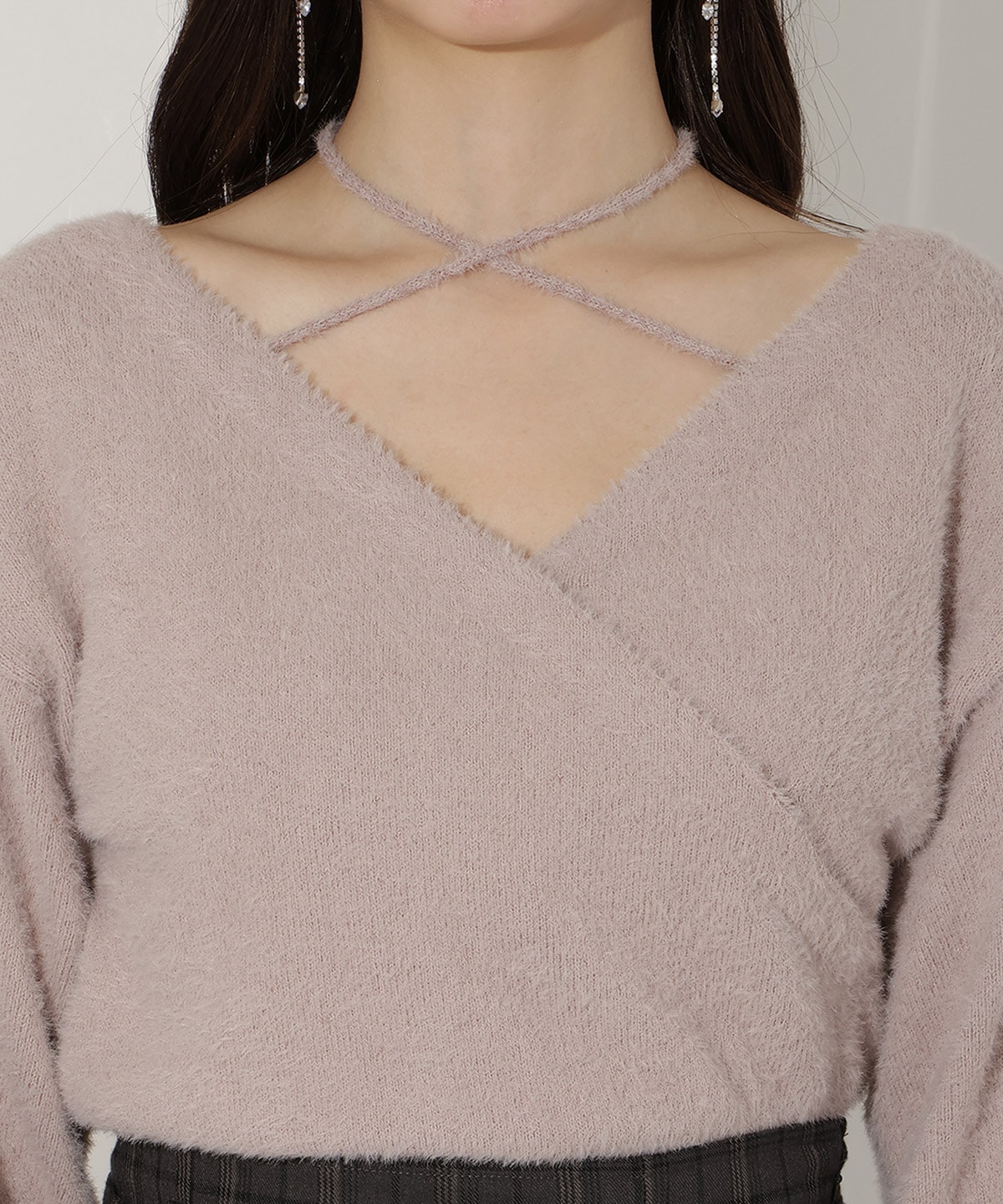 クロスネックカシュクールフェザーニット