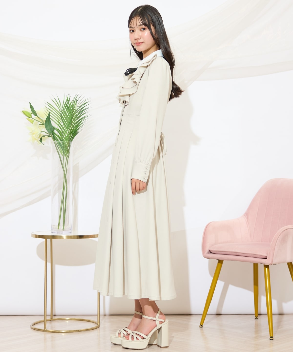 配色襟ダブルフリルシャツワンピース