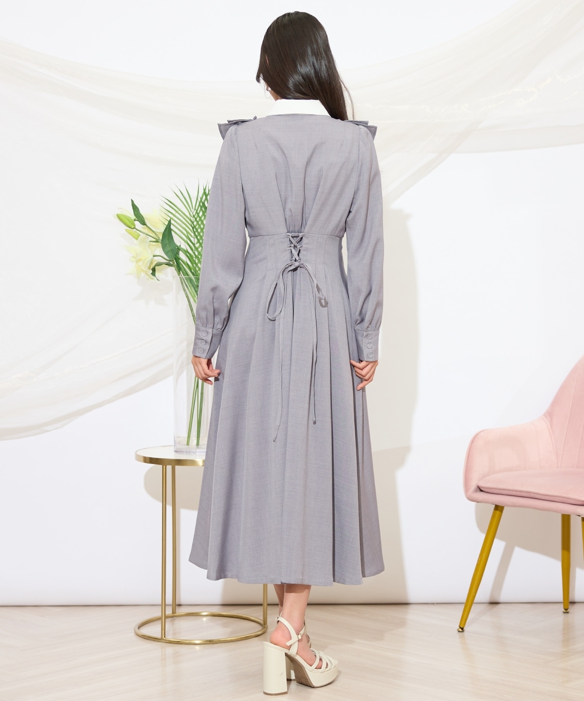 配色襟ダブルフリルシャツワンピース