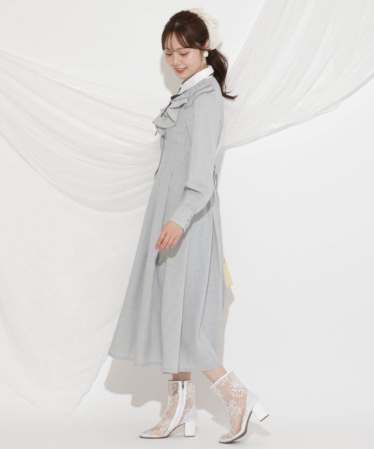 配色襟ダブルフリルシャツワンピース