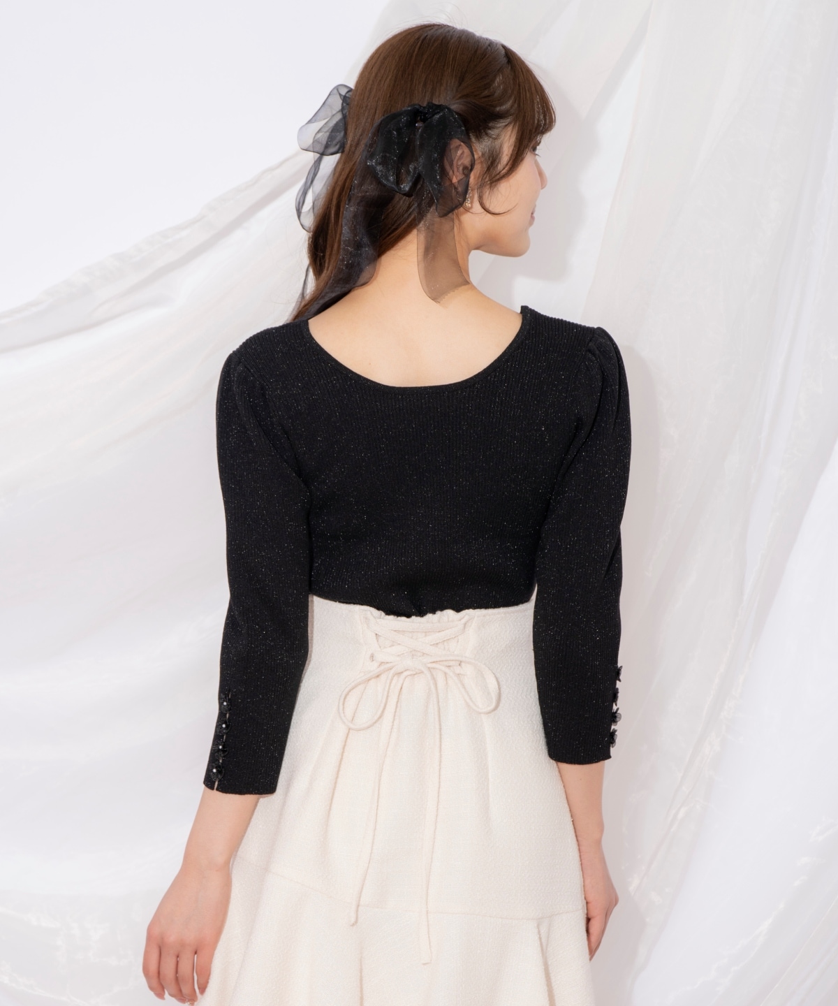 袖フラワーラメ7分袖ニットプルオーバー